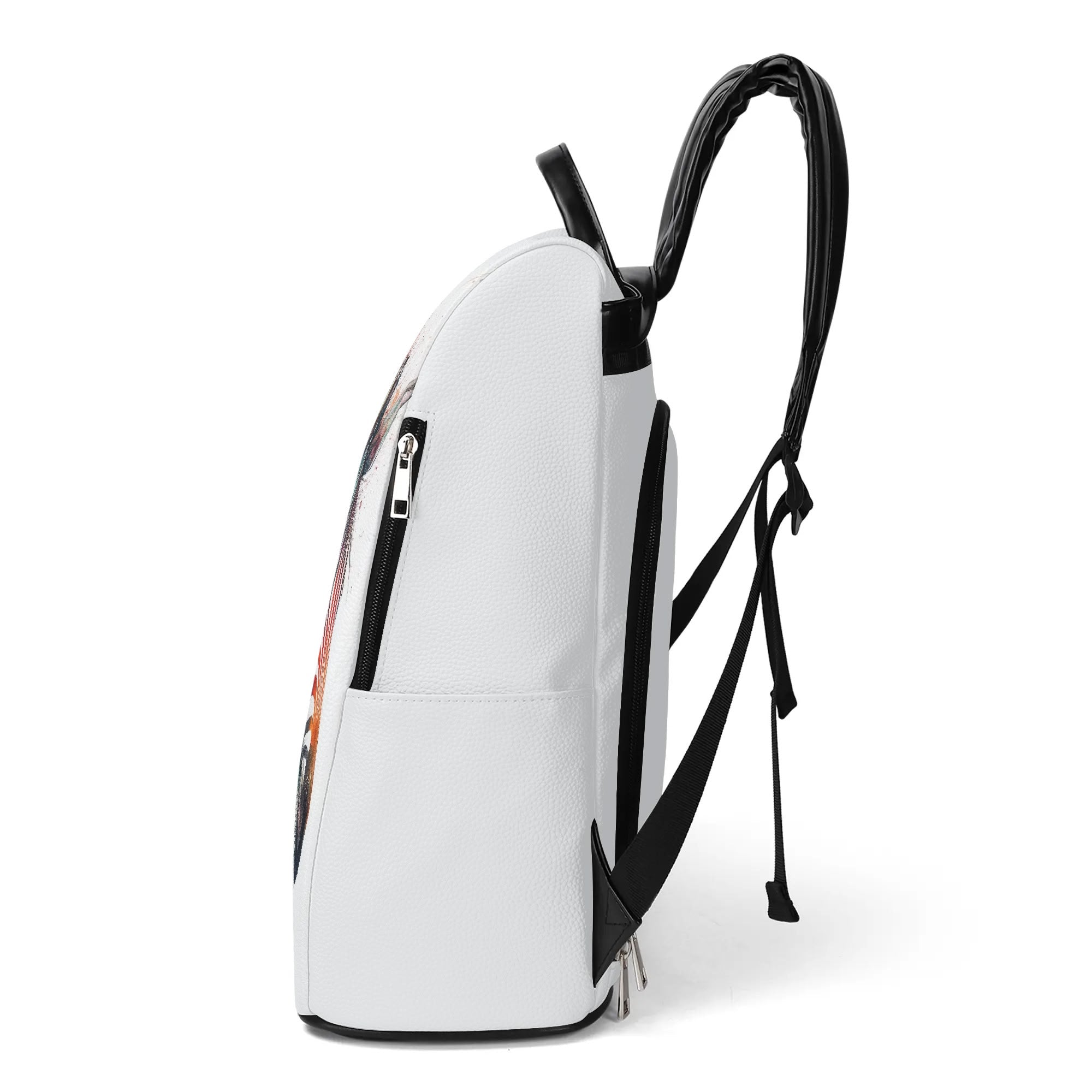 White PU leather anti-theft backpack with black straps and artistic print, travel daypack