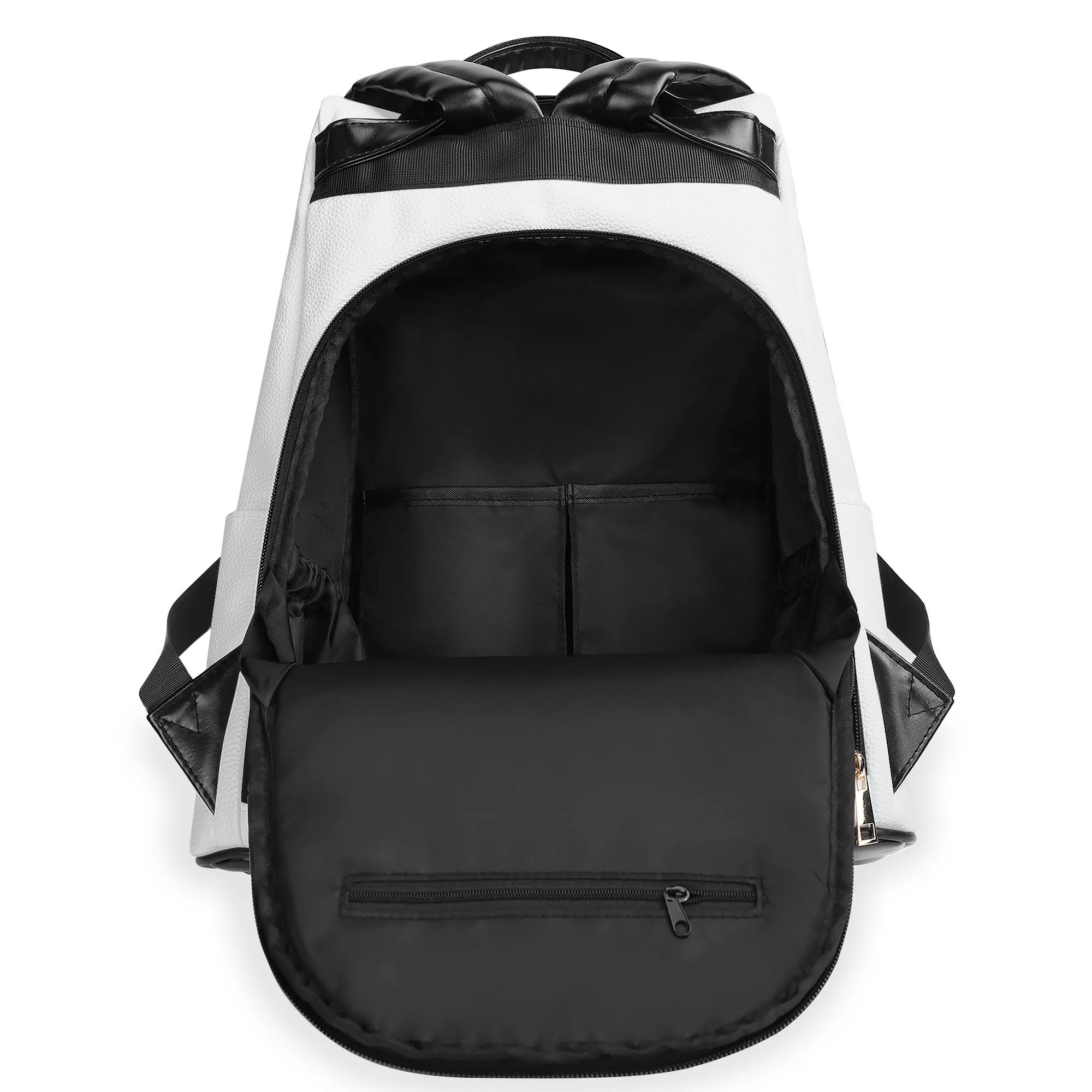 White PU leather anti-theft backpack with open compartments, ideal for travel and work.