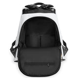 White PU leather anti-theft backpack with open compartments, ideal for travel and work.