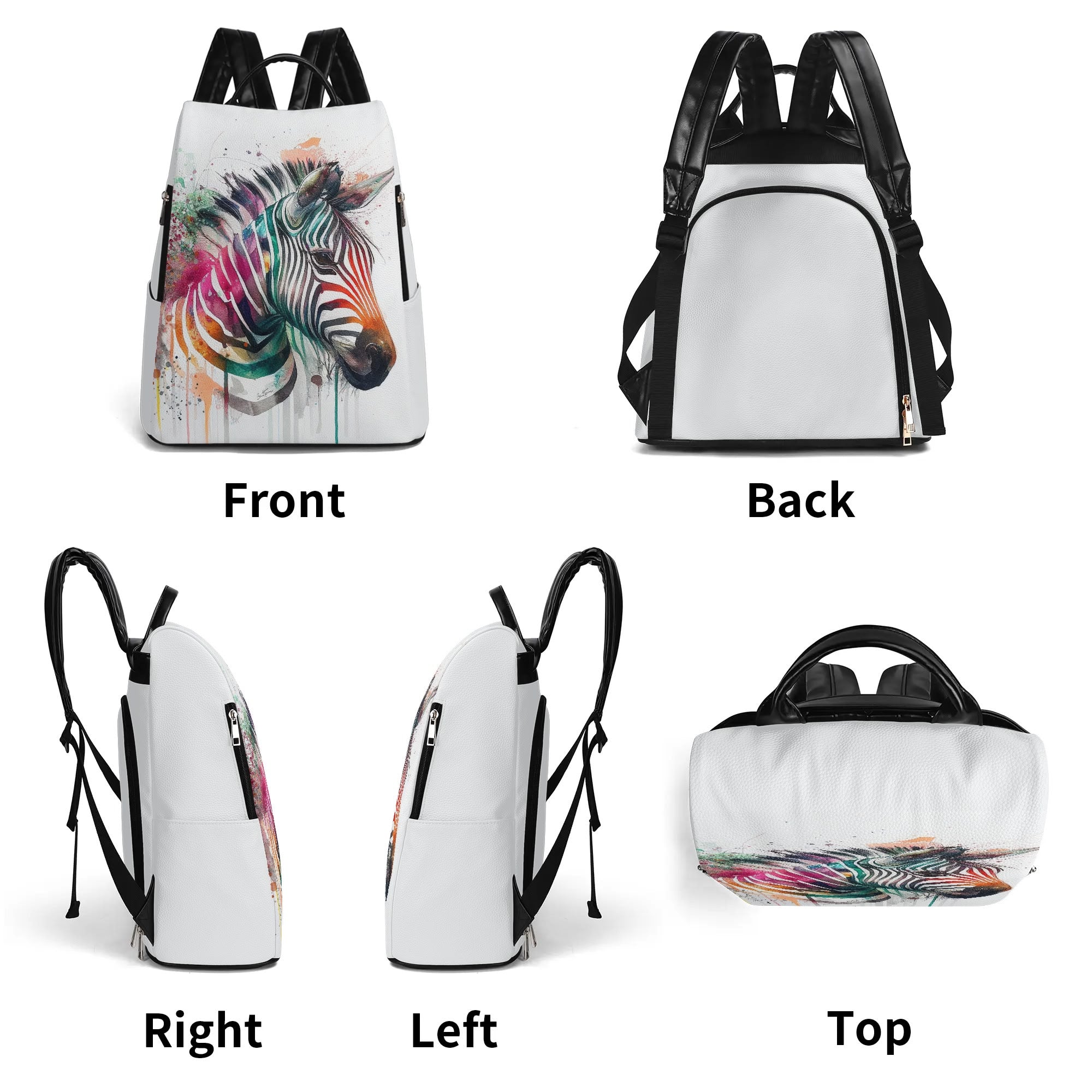White PU leather anti-theft backpack with colorful zebra print, travel daypack, front, back, right, left, and top views
