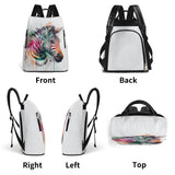 White PU leather anti-theft backpack with colorful zebra print, travel daypack, front, back, right, left, and top views