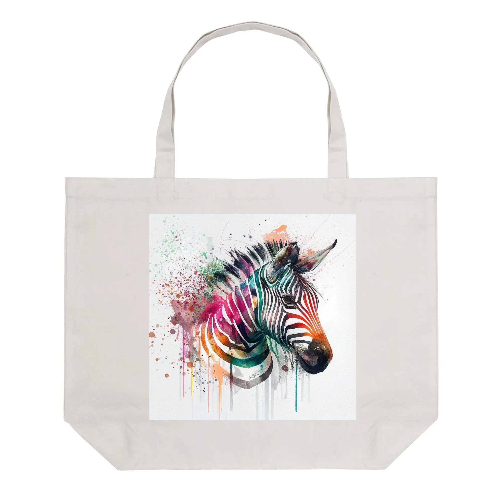 Reusable cotton canvas tote bag with colorful watercolor zebra design for shopping, travel, and work