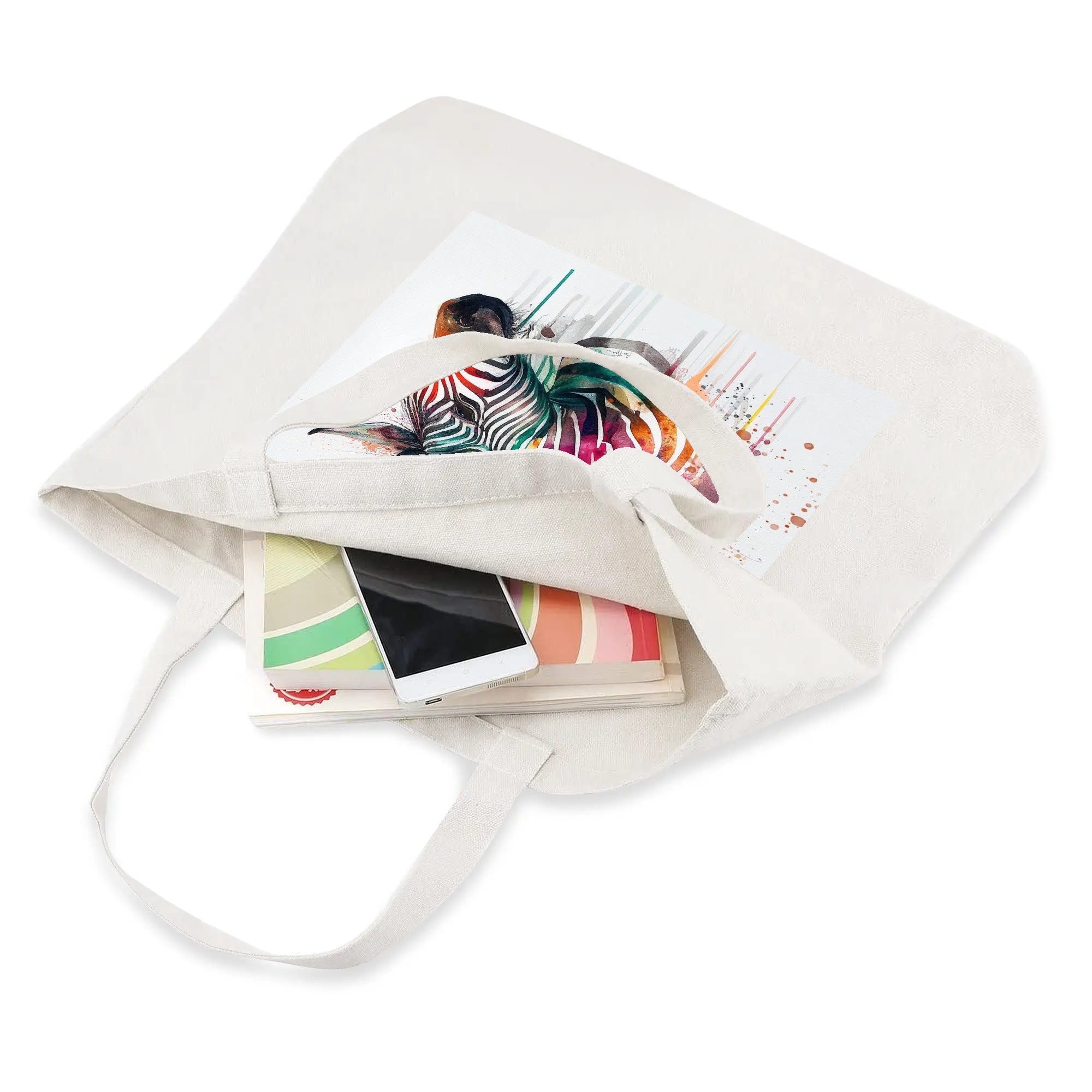 Reusable cotton tote bag with a watercolor zebra design, suitable for shopping, work, and travel.