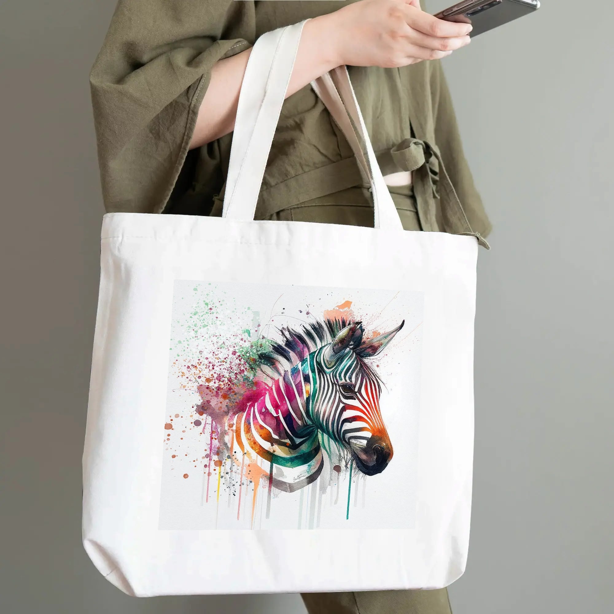 White cotton tote bag with watercolor zebra design, reusable shoulder bag for women, shopping, travel, and work.