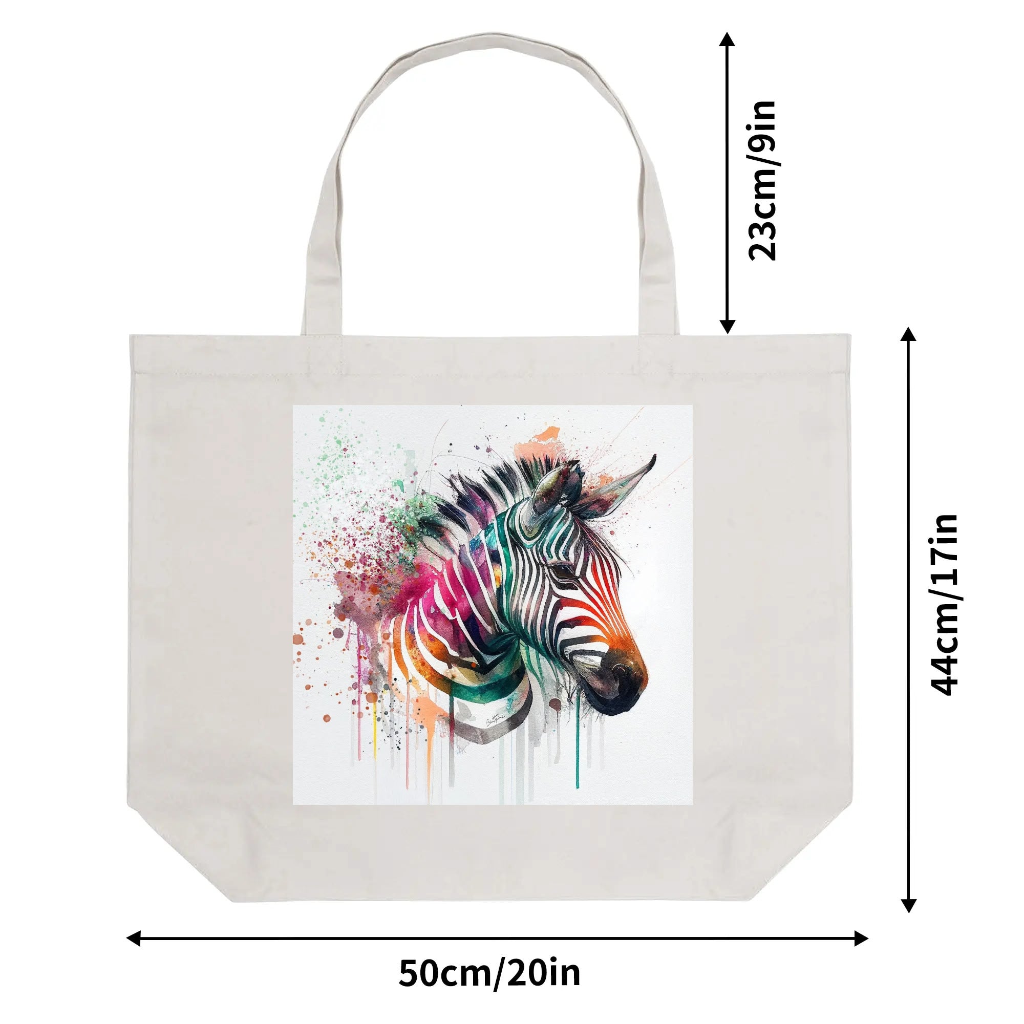 Watercolor zebra design tote bag. Reusable cotton canvas shoulder bag for women, shopping, travel, or work. White bag.