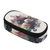 Cat pencil case with colorful cat design, black zipper and trim.