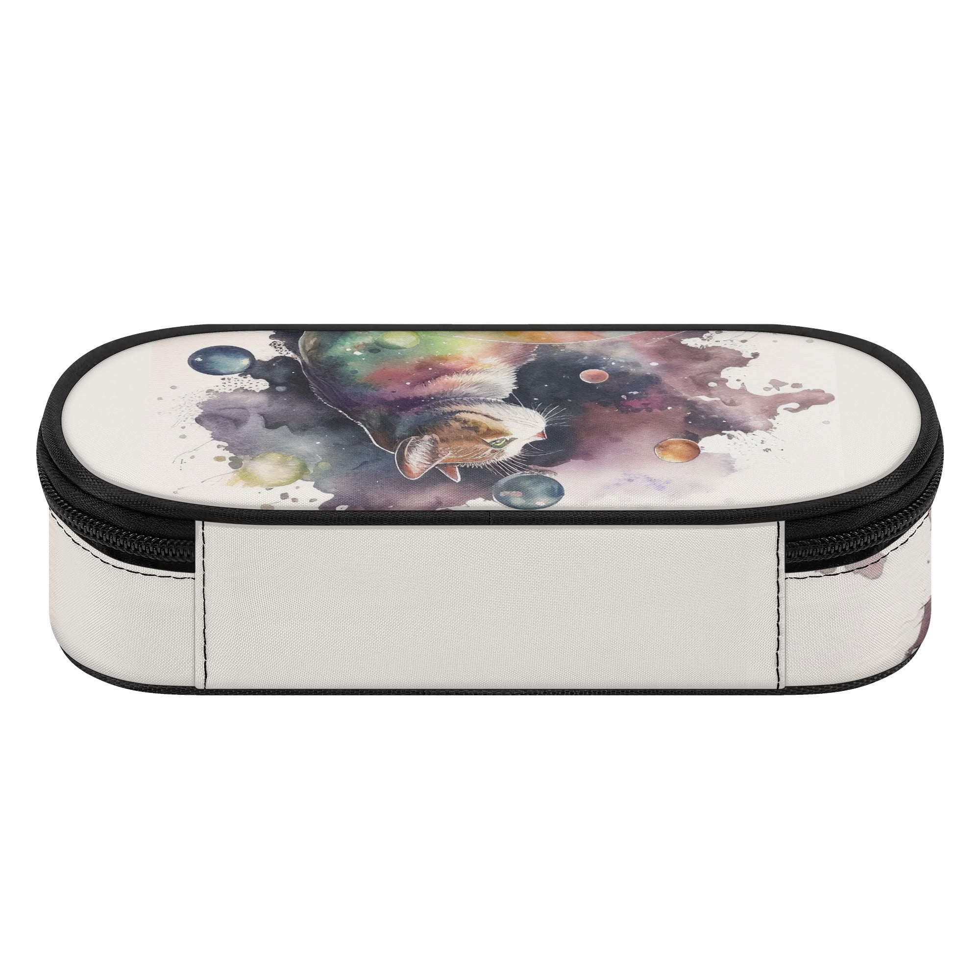 Cat pencil case with a colorful cat design on the top, black zipper and trim, large capacity pouch.