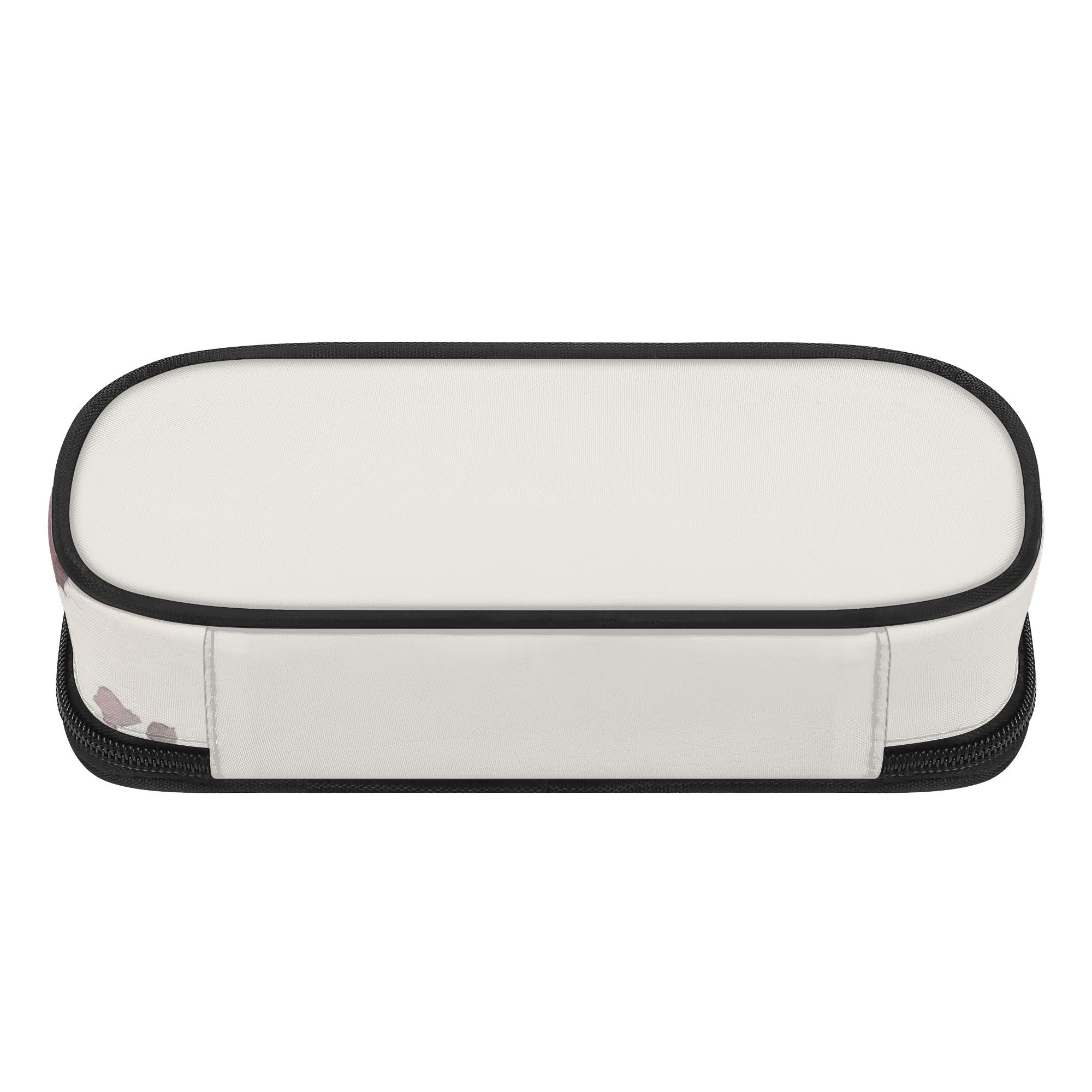 White 3-layer pencil case with black zipper and trim, featuring a unique design, great for school and office.
