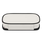 White 3-layer pencil case with black zipper and trim, featuring a unique design, great for school and office.