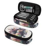 3-layer pencil case with cat design, black zipper and trim, large capacity pouch, school and office supply.