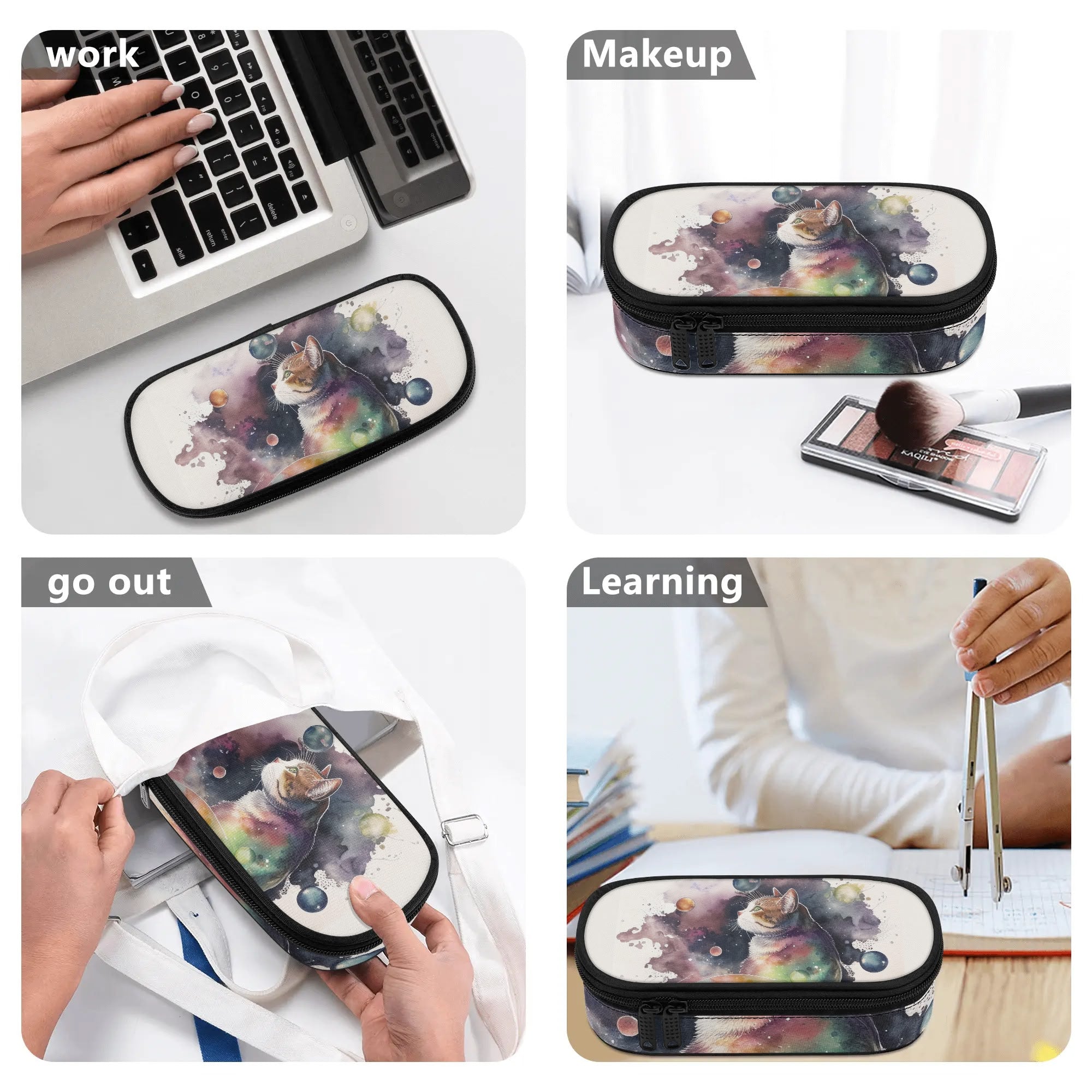 Cat pencil case for school or office with cat design, black zipper. Great for work, makeup, or travel.