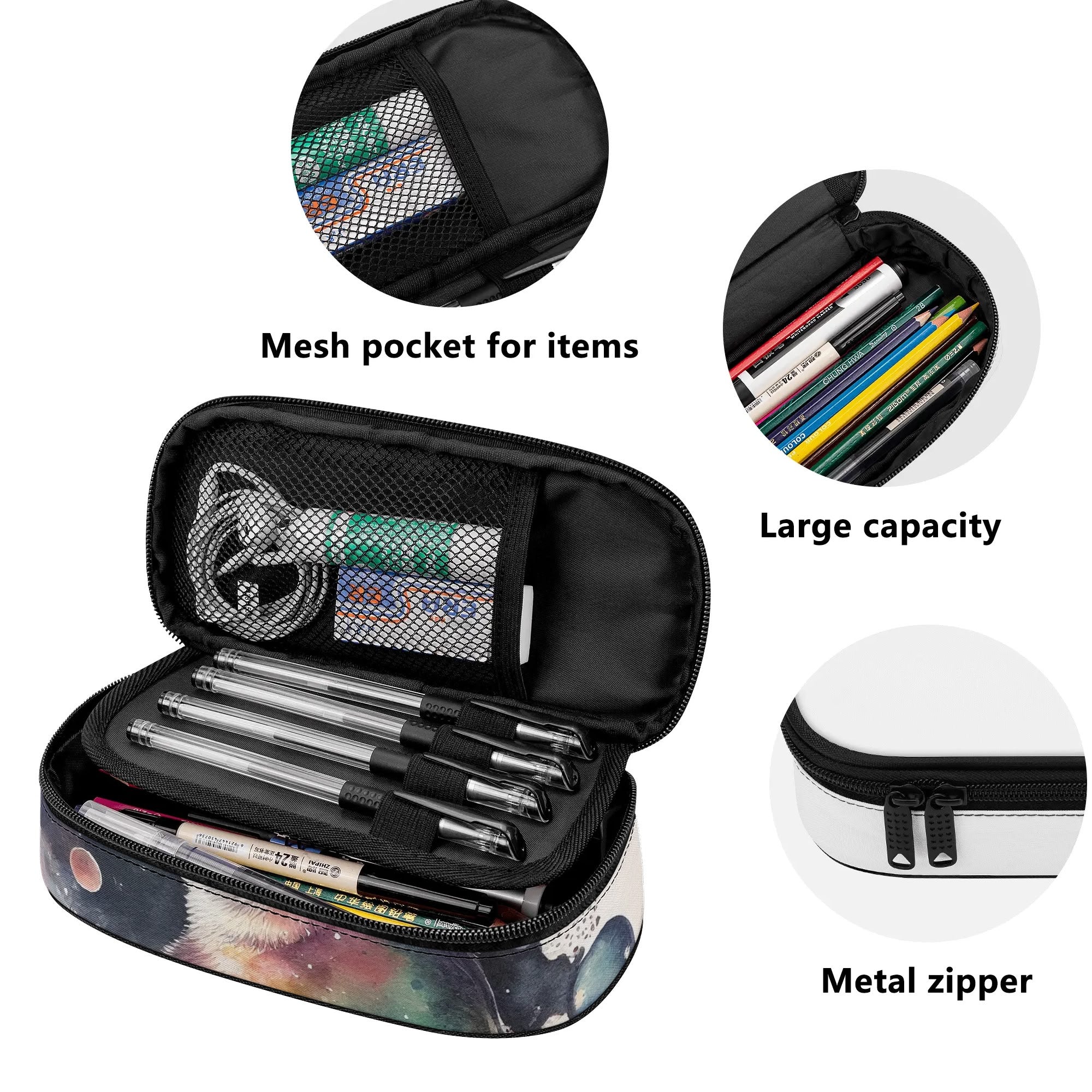 3-layer pencil case with mesh pocket, metal zipper, large capacity for pens and pencils, perfect for school and office.