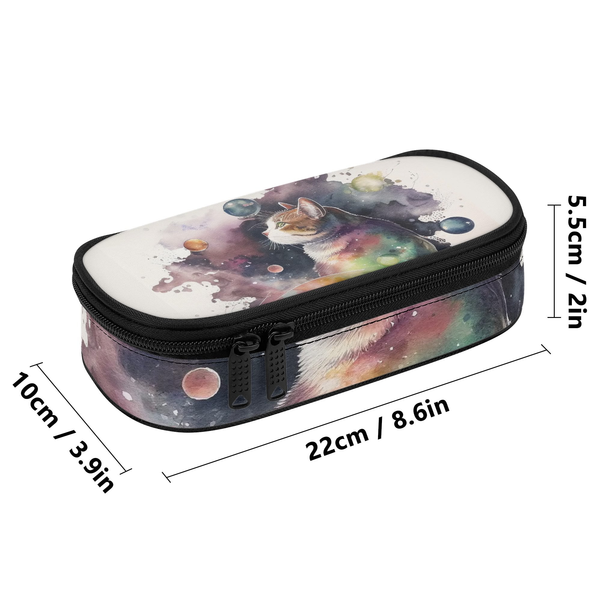 Cat pencil case with galaxy art design. 3-layer with black zipper. Dimensions: 22x10x5.5cm / 8.6x3.9x2in