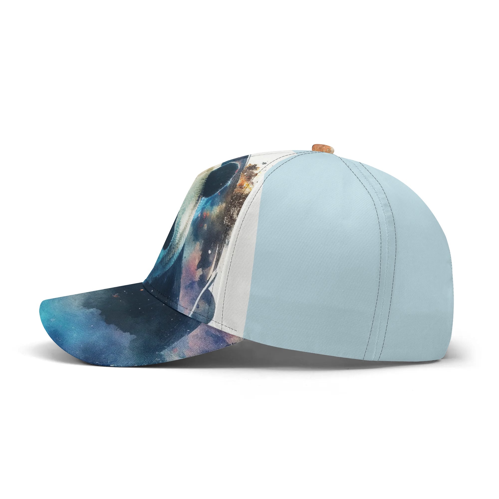 Light blue cotton baseball cap with artistic all over print design. Adjustable unisex hat.