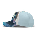 Light blue cotton baseball cap with artistic all over print design. Adjustable unisex hat.