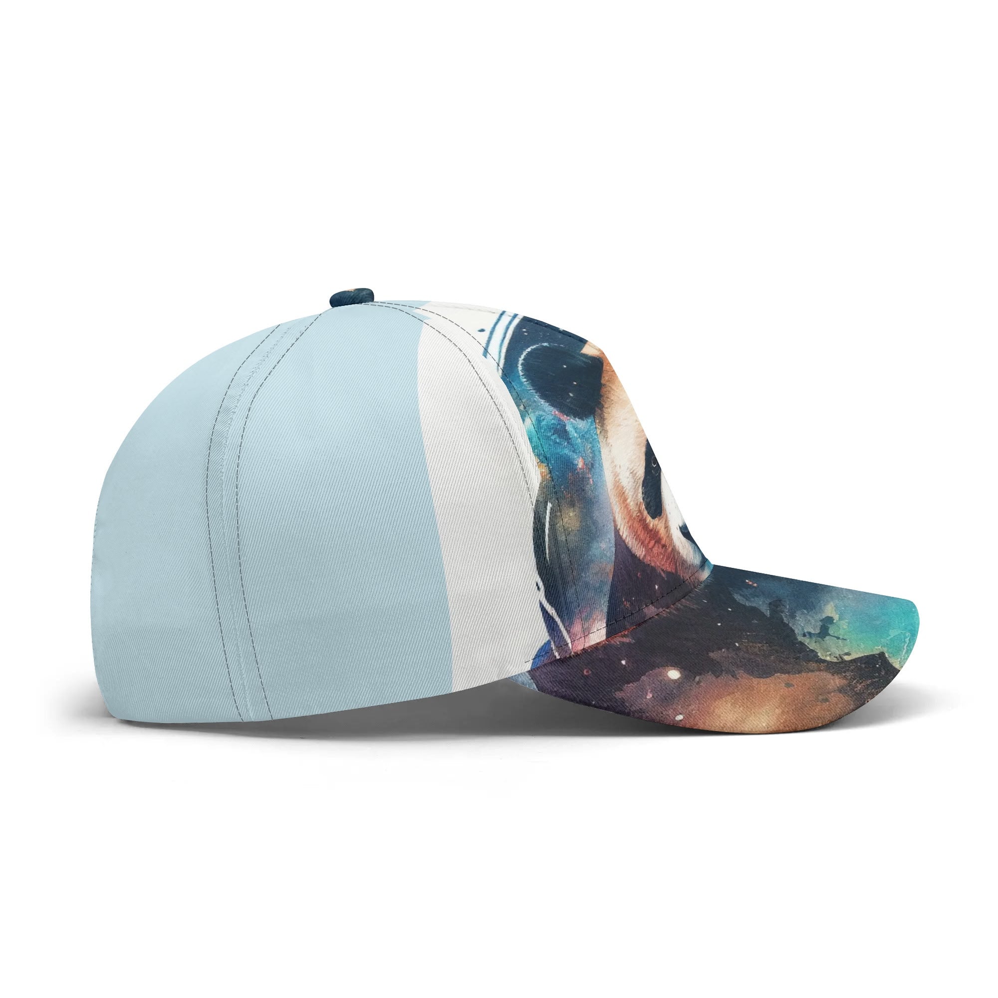 Unisex light blue baseball cap with artistic all over print, adjustable cotton hat