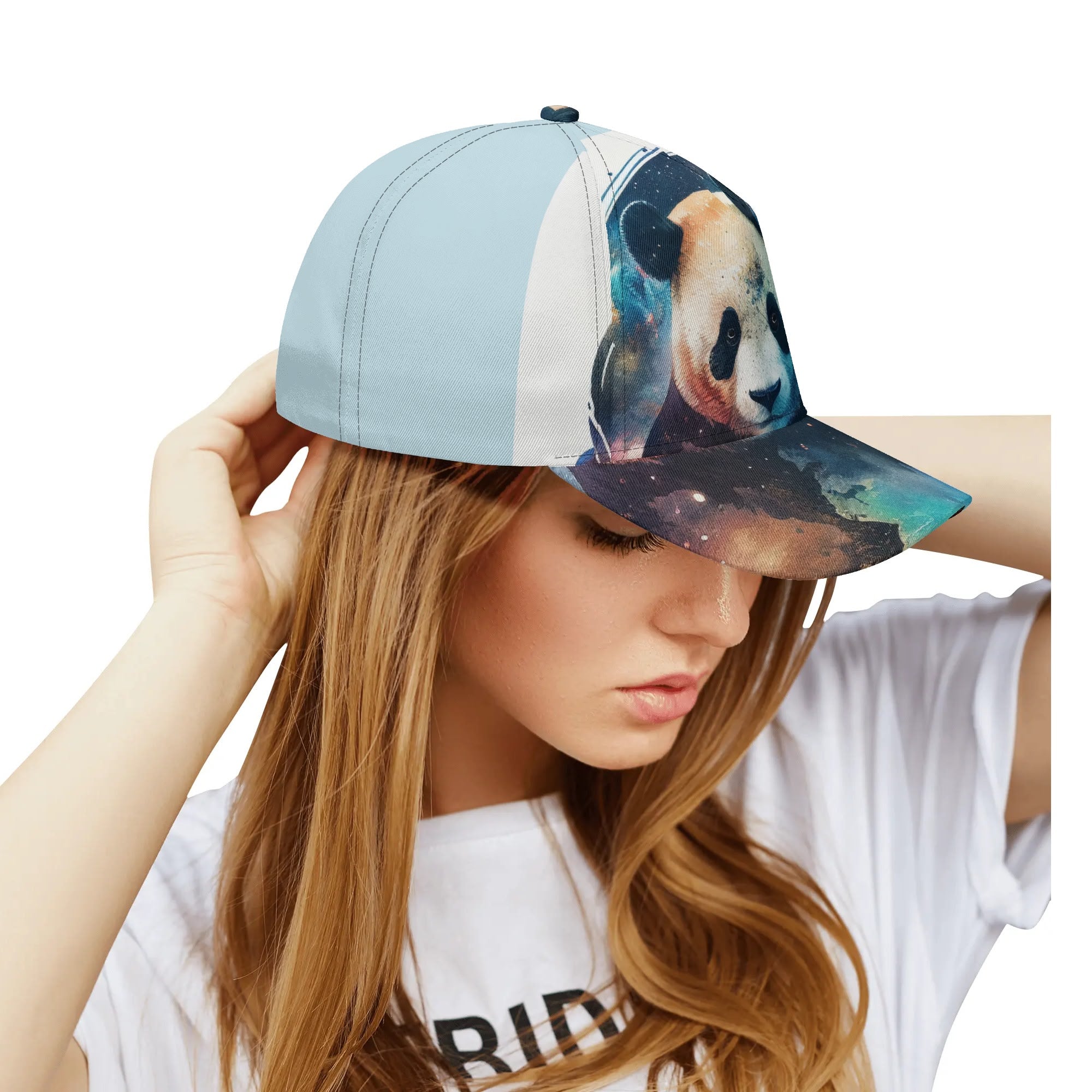 Unisex light blue baseball cap with panda bear art print, adjustable cotton hat for daily wear.