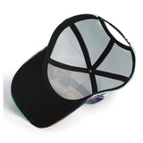 Unisex adjustable baseball cap interior view, showing detailed structure, artistic all-over print design, and black brim