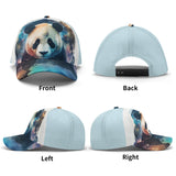 Unisex all-over printing baseball cap with a panda art print, adjustable cotton hat. Front, back, left, and right view.