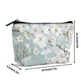 Floral zipper wristlet bag, 300D polyester material, perfect for makeup or travel, featuring white flowers.