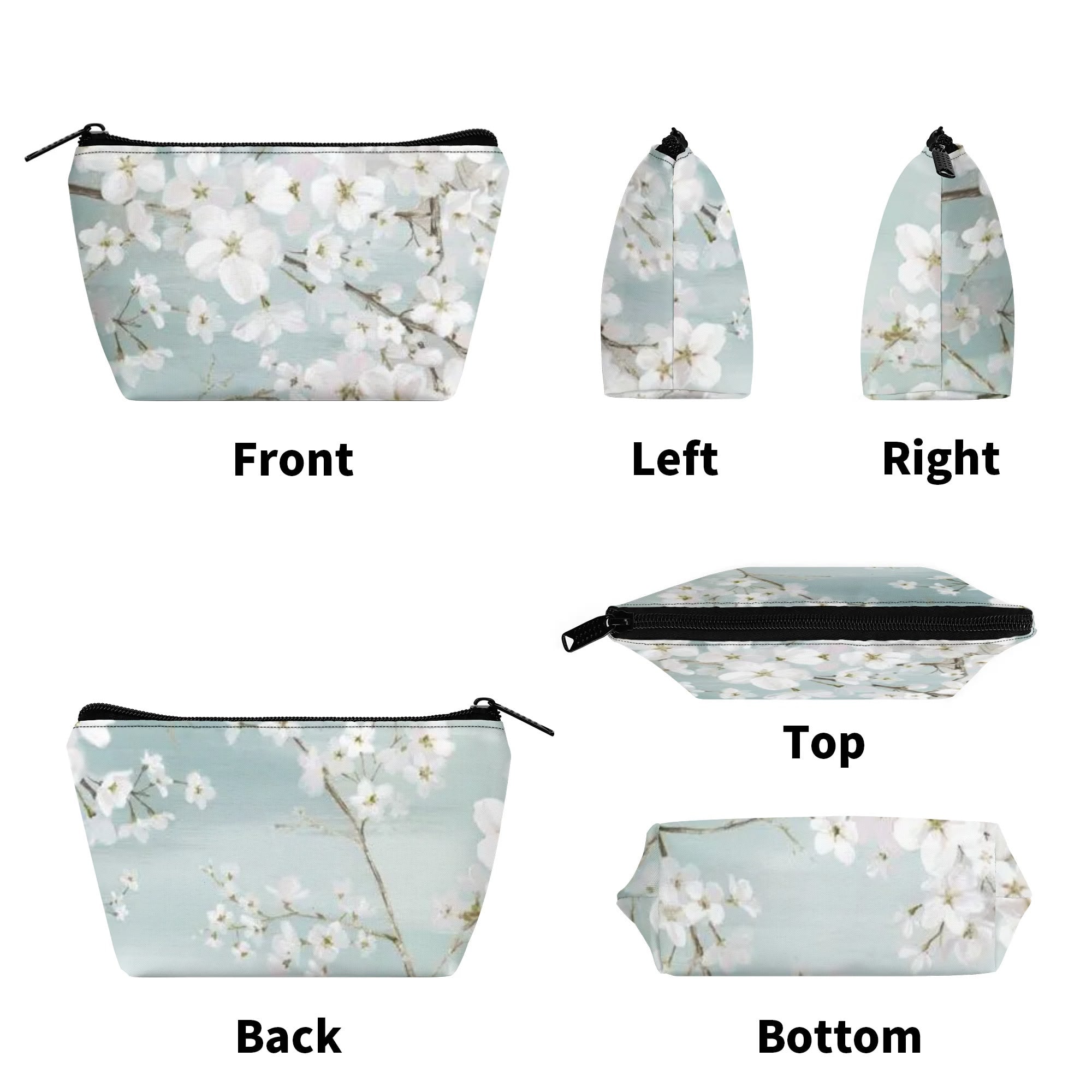 Floral wristlet bag, 300D polyester with white flower print, multi-angle view: front, side, top, back, and bottom.