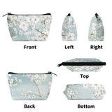 Floral wristlet bag, 300D polyester with white flower print, multi-angle view: front, side, top, back, and bottom.