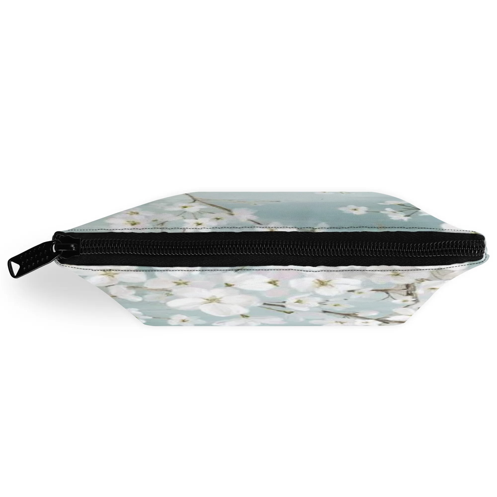 Floral wristlet bag with zipper closure, 300D polyester for makeup and travel.