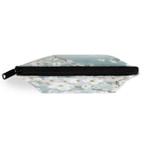 Floral wristlet bag with zipper closure, 300D polyester for makeup and travel.