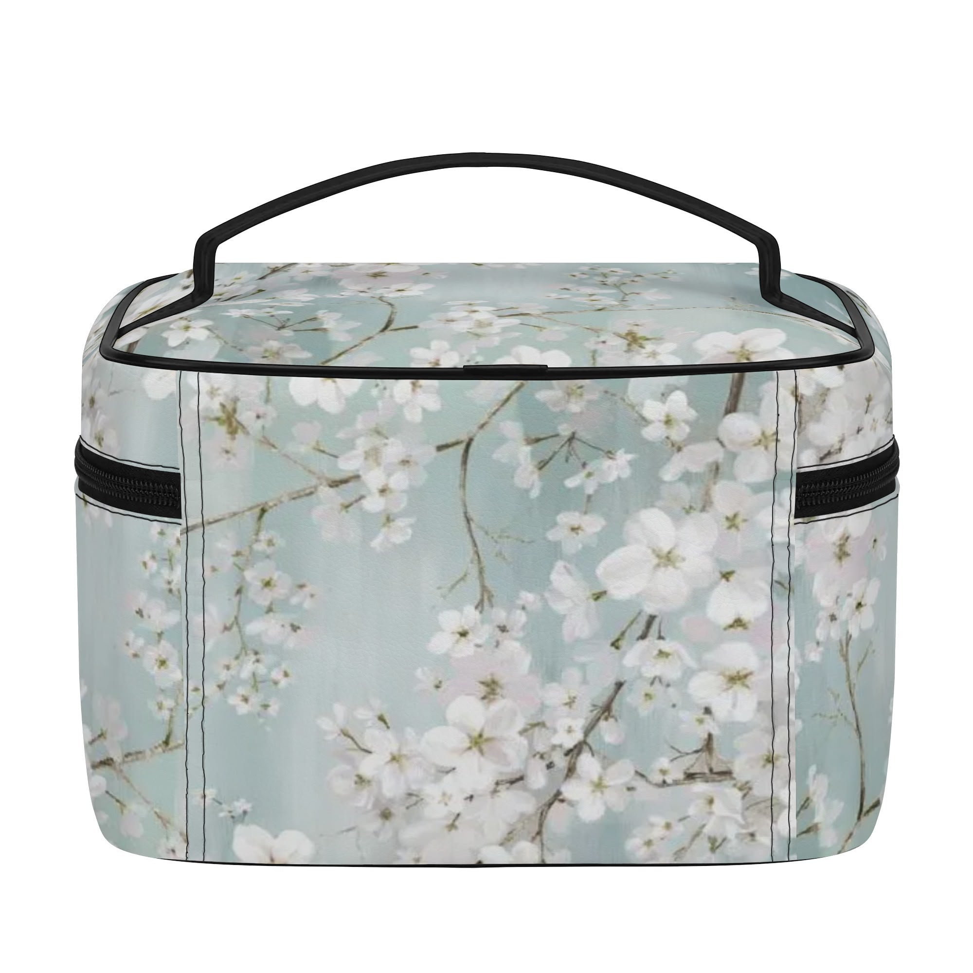 Plum blossom makeup bag with a handle and black zipper. Cosmetic bag featuring a floral design for women.