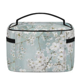 Plum blossom makeup bag with a handle and black zipper. Cosmetic bag featuring a floral design for women.