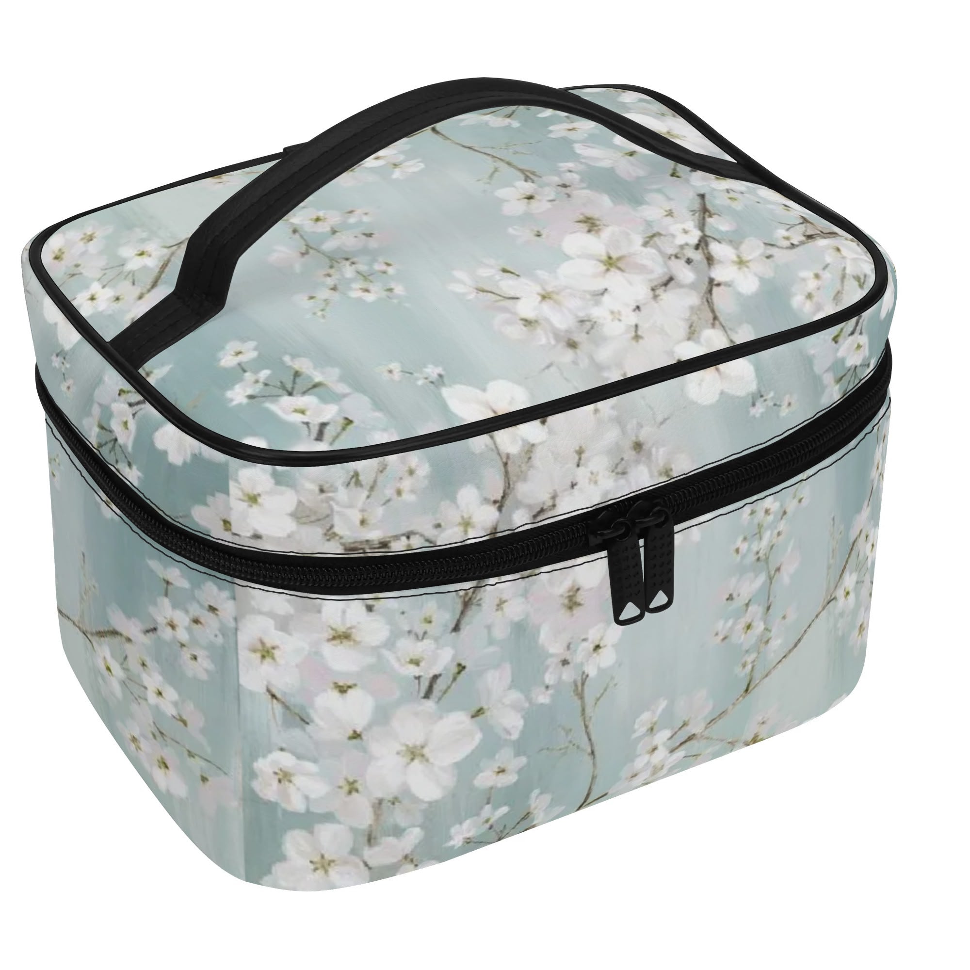 Plum Blossom Makeup Bag for women. PU leather cosmetic bag with a floral design and a black zipper.