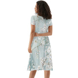 Womens summer dress, light blue, floral pattern, V-neck ruffle short sleeve dress, knee length, for party, vocation.