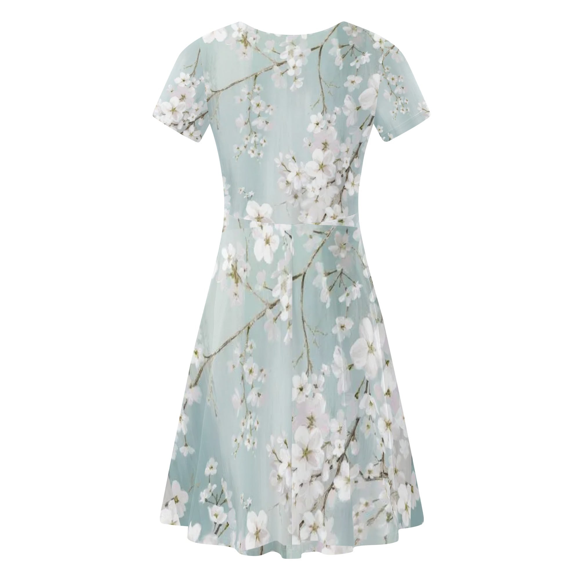 Light blue plum blossom print V-neck short sleeve summer dress for women, knee-length, party dress