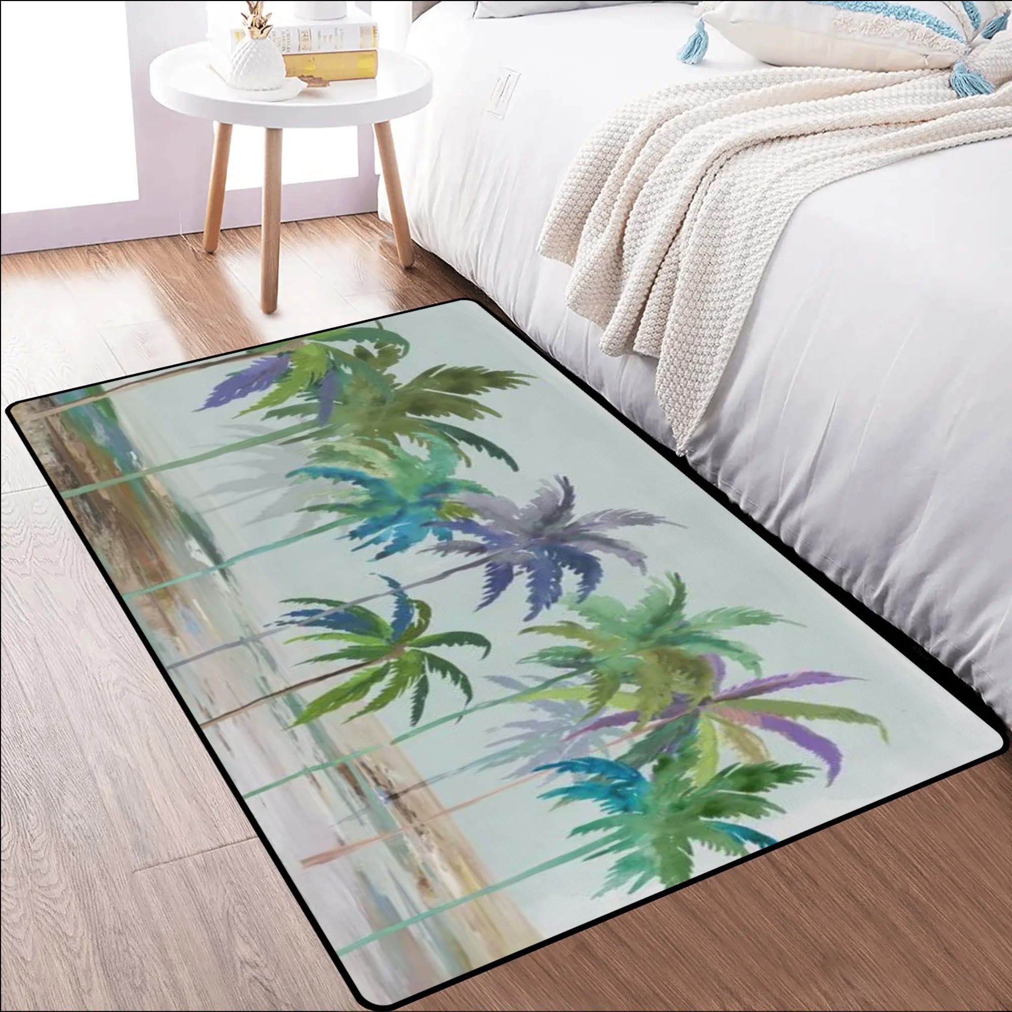Palm tree design soft rug for living room or bedroom, non-slip, washable, and foldable.