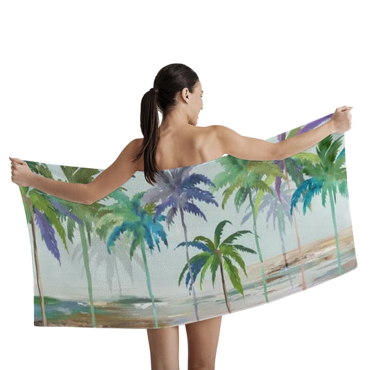 Coconut tree quick dry beach towel held by a woman, perfect gift for adults.
