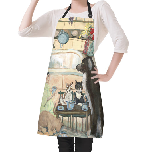 Adjustable Bib Kitchen Apron with cat and dog tea party artwork