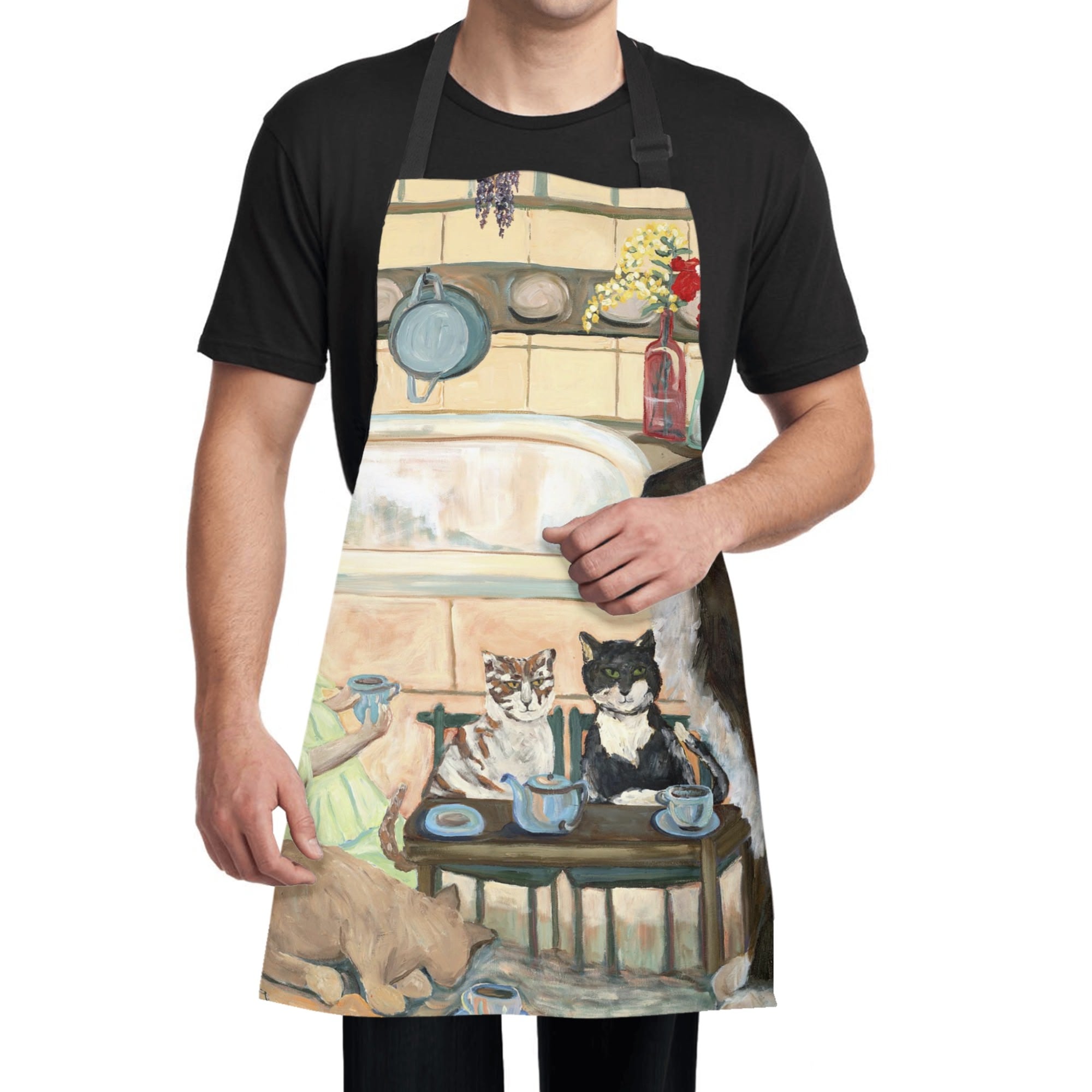 Adjustable bib kitchen apron with cat tea party artwork, cooking and kitchen apron