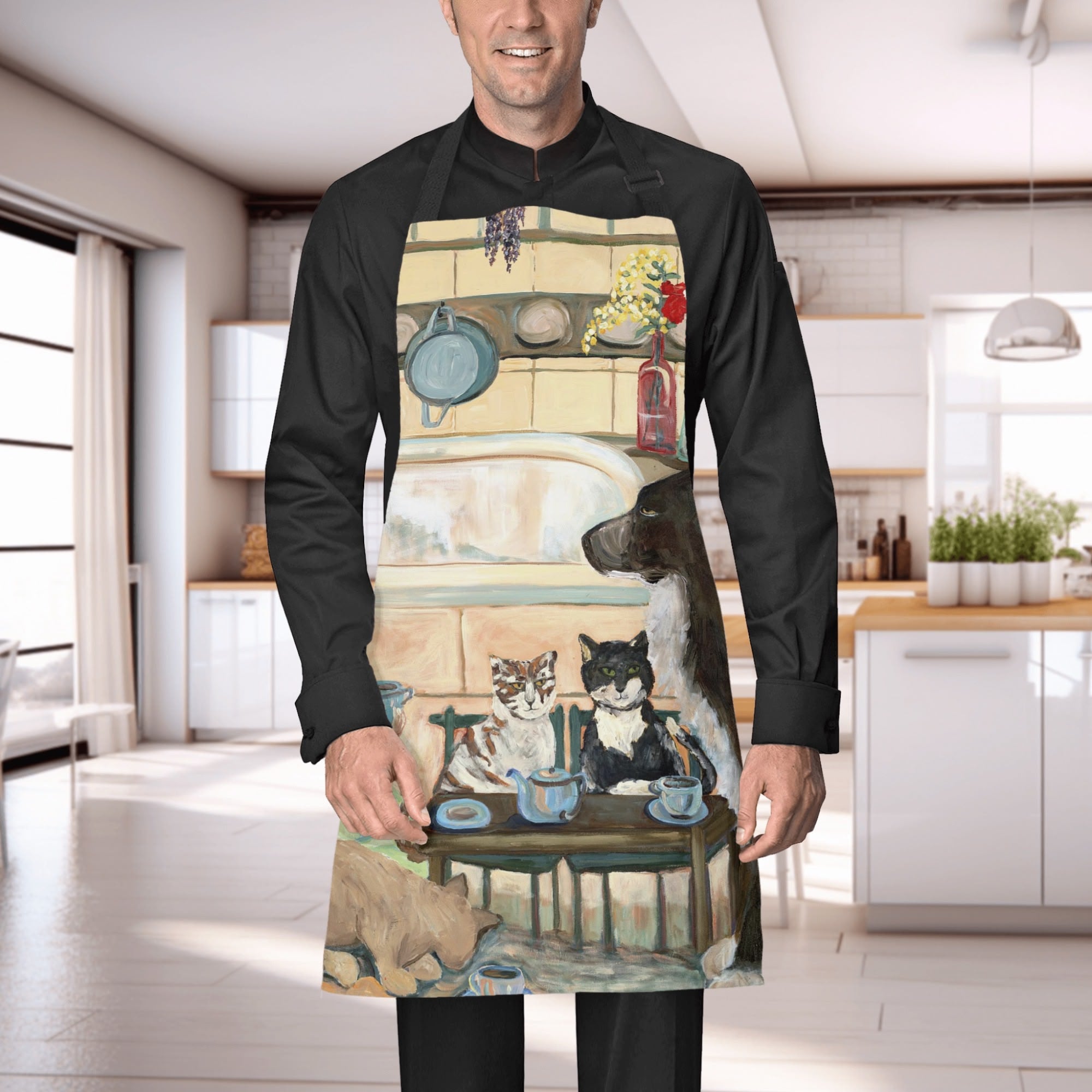 Adjustable kitchen apron with whimsical cat and dog tea party artwork, cooking chef apron for men and women