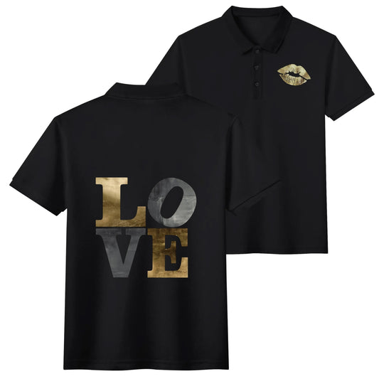 Black cotton polo shirt with LOVE text and lip print, a perfect unisex gift with love theme.