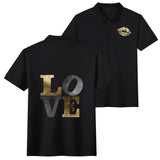 Black cotton polo shirt with LOVE text and lip print, a perfect unisex gift with love theme.