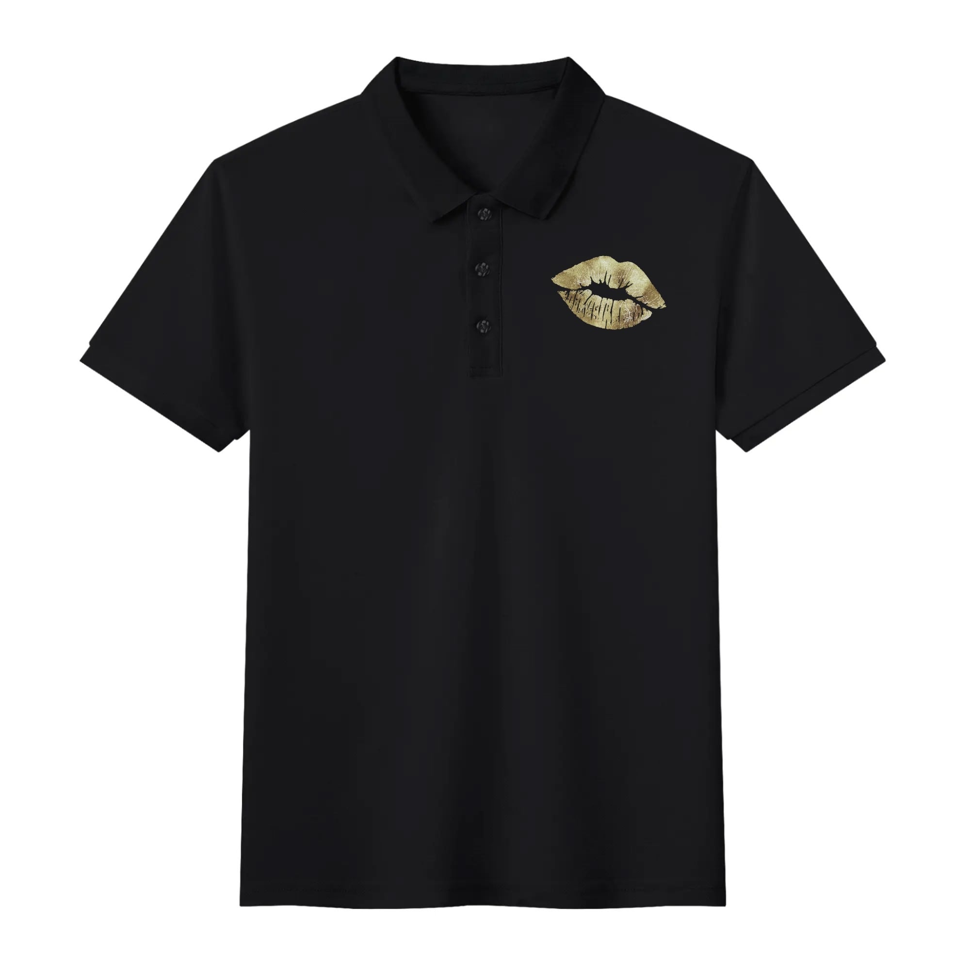 Black unisex cotton polo shirt with gold lips print, Love theme, comfortable and stylish.
