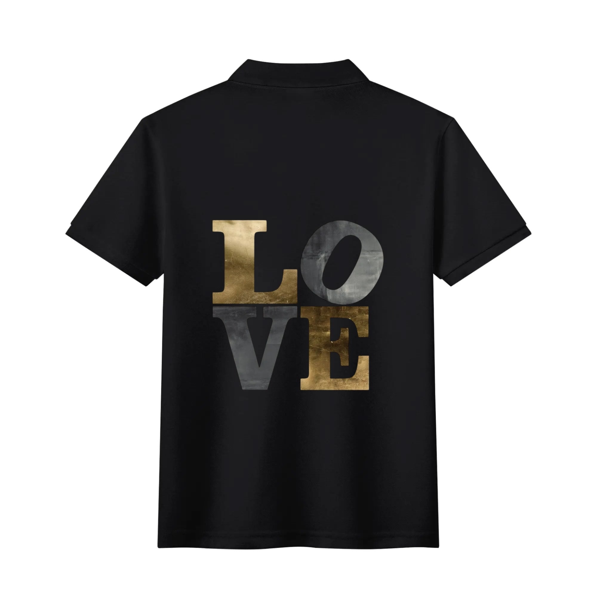 Black cotton polo shirt with LOVE print, unisex, perfect for expressing love and individuality. Featuring gold and gray text.