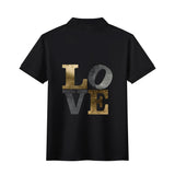 Black cotton polo shirt with LOVE print, unisex, perfect for expressing love and individuality. Featuring gold and gray text.