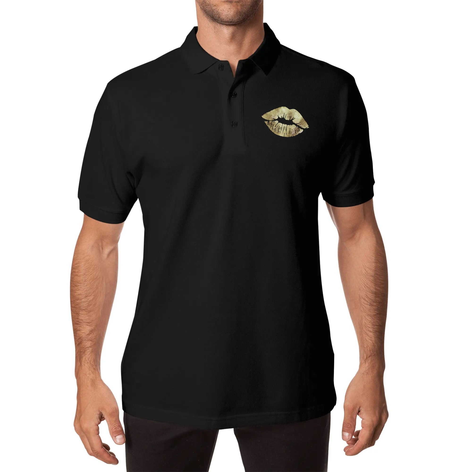 Black polo shirt with gold lips print. Unisex, comfortable and stylish, perfect for gifts.