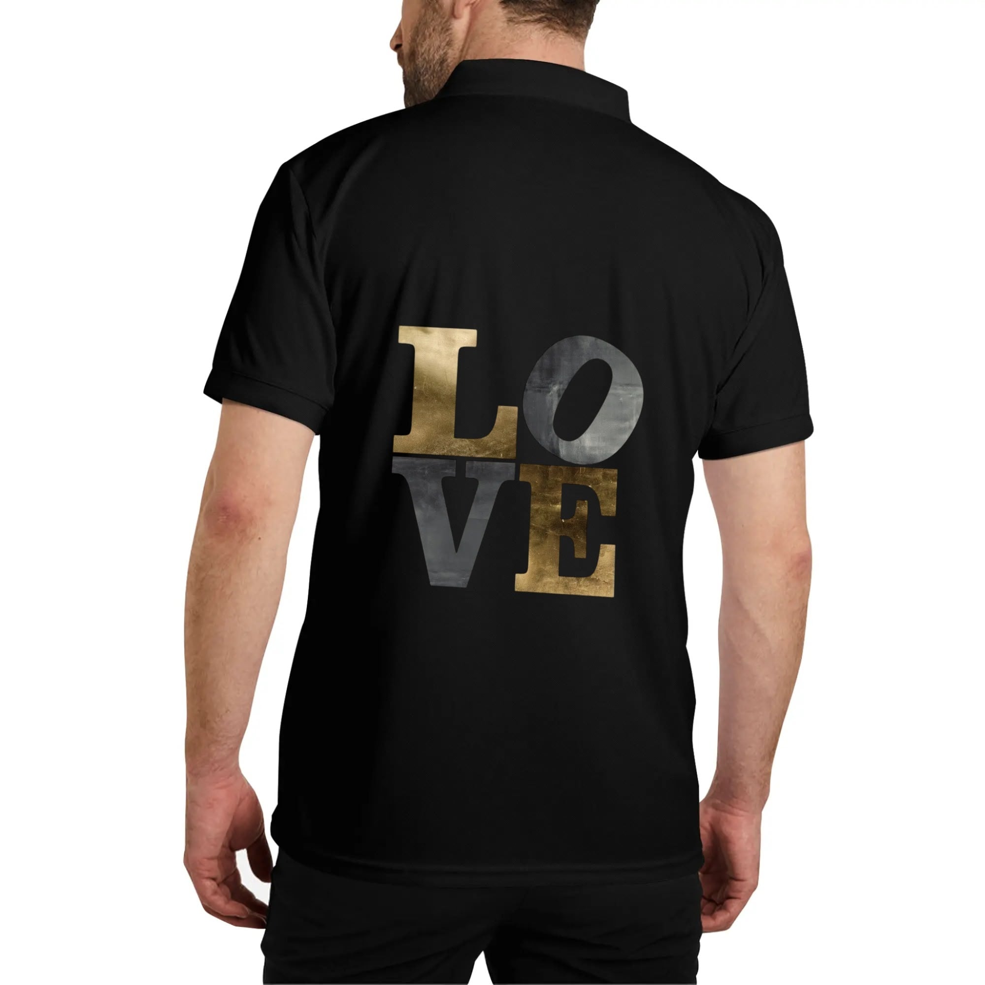 Black cotton polo shirt with LOVE print, unisex design. Gold and grey metallic letters, perfect gift.