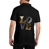 Black cotton polo shirt with LOVE print, unisex design. Gold and grey metallic letters, perfect gift.