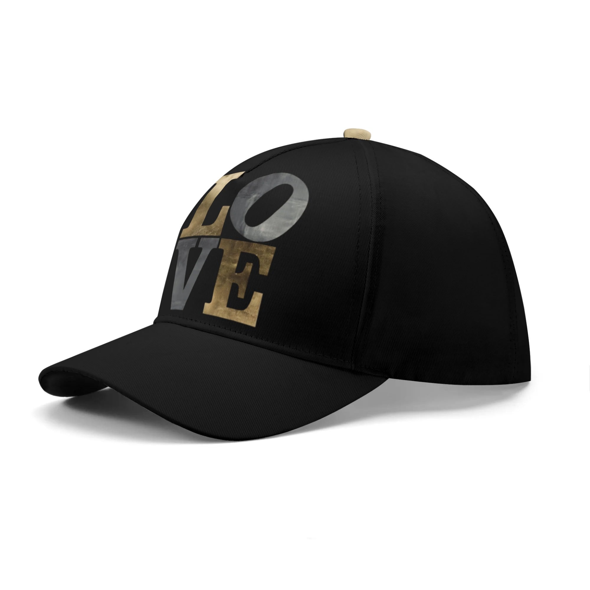Black baseball cap with gold and silver "LOVE" text, adjustable cotton hat, unisex design, perfect gift