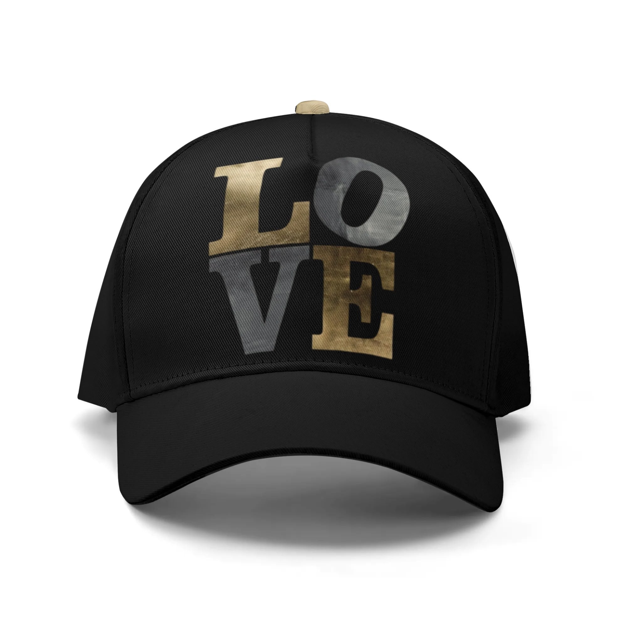 Black baseball cap with LOVE text, adjustable polyester hat, unisex design, perfect gift.