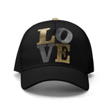 Black baseball cap with LOVE text, adjustable polyester hat, unisex design, perfect gift.
