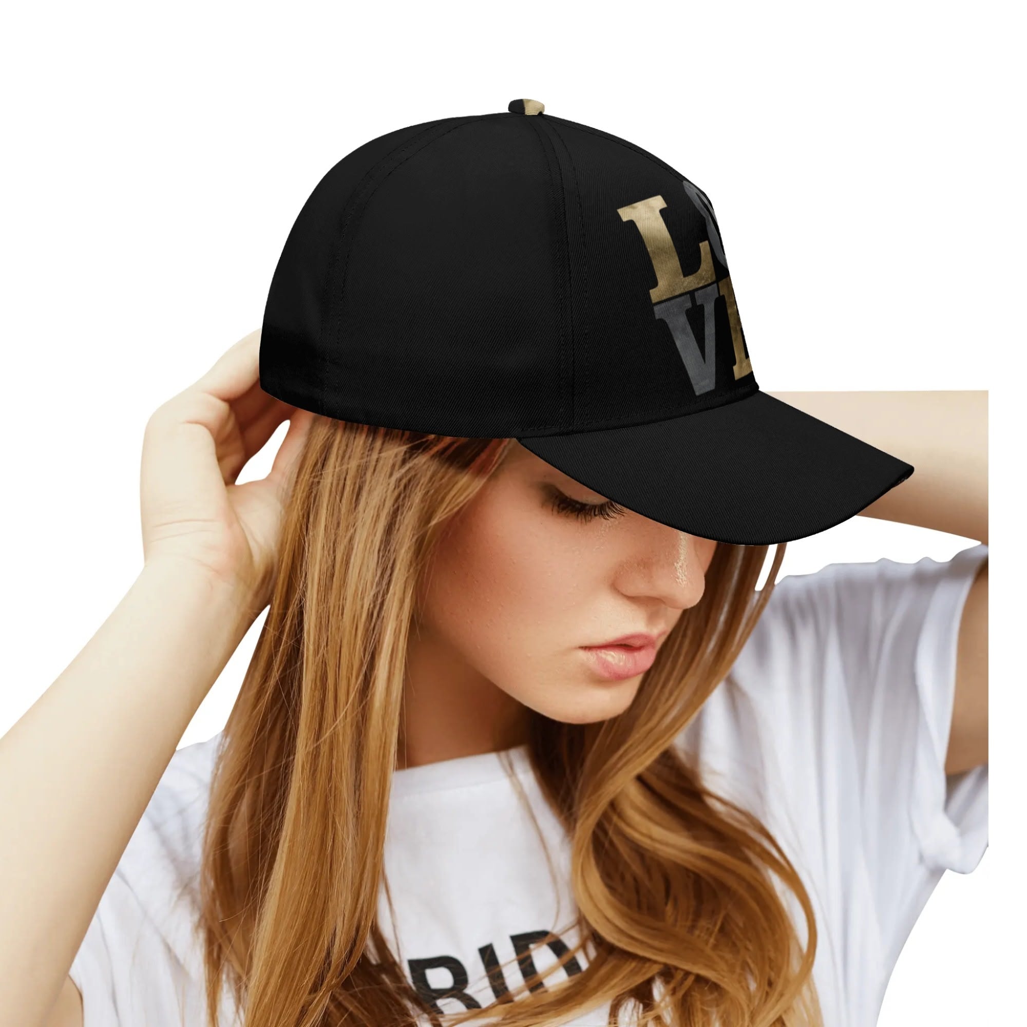 Black baseball cap with 'LOVE' text, perfect unisex gift, adjustable cotton hat